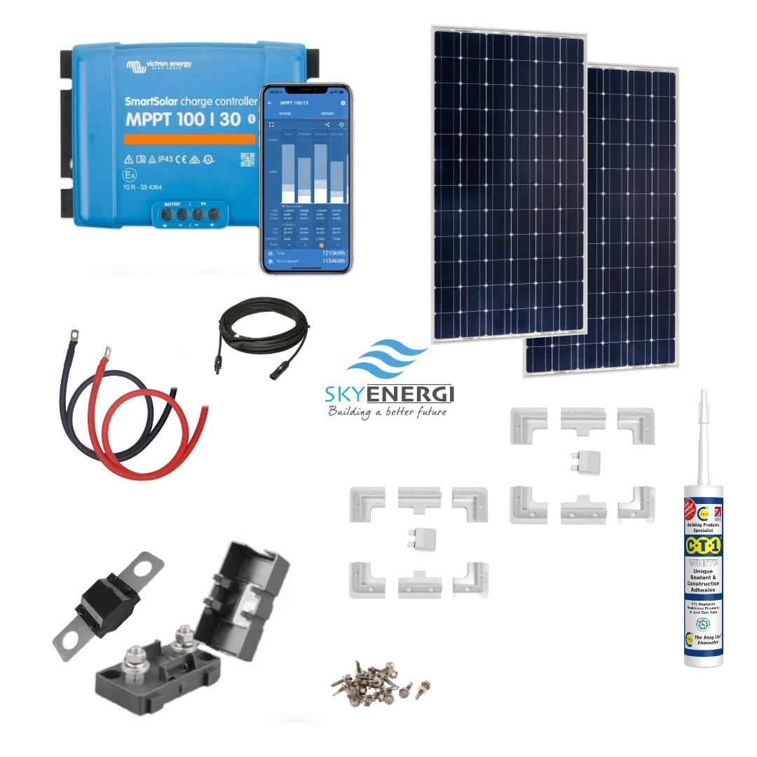 Victron 370 Watt Solar Panel & Victron Smart MPPT Charge Controller, Cable, Mounting & Gland.