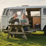 Campervan sunrise with visible leisure battery