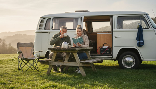 Campervan sunrise with visible leisure battery