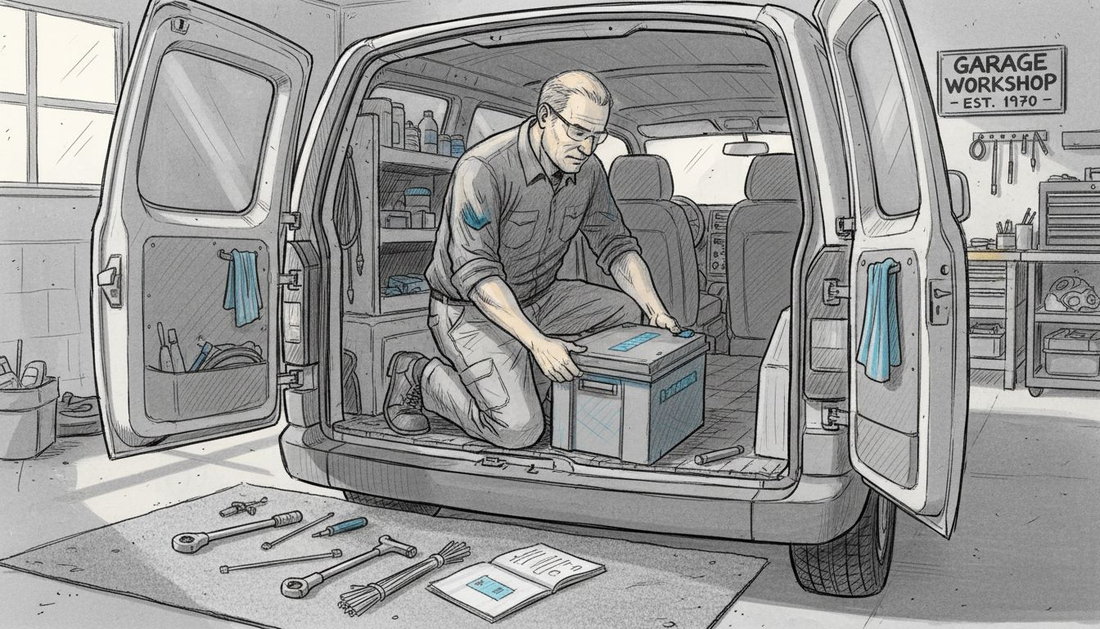 Mechanic installing lithium battery in van