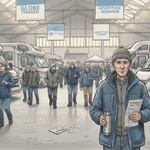 Visitors walk among motorhomes at UK show