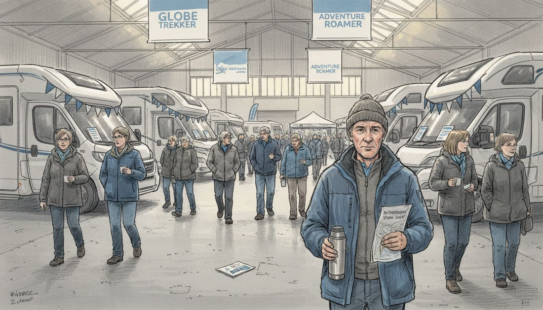 Visitors walk among motorhomes at UK show