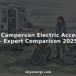 Couple setting up electric accessories outside campervan