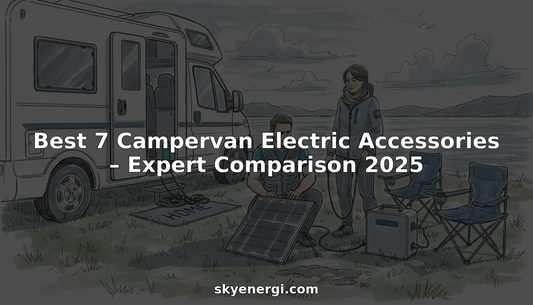 Couple setting up electric accessories outside campervan