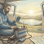 Man using Bluetooth battery monitor in van
