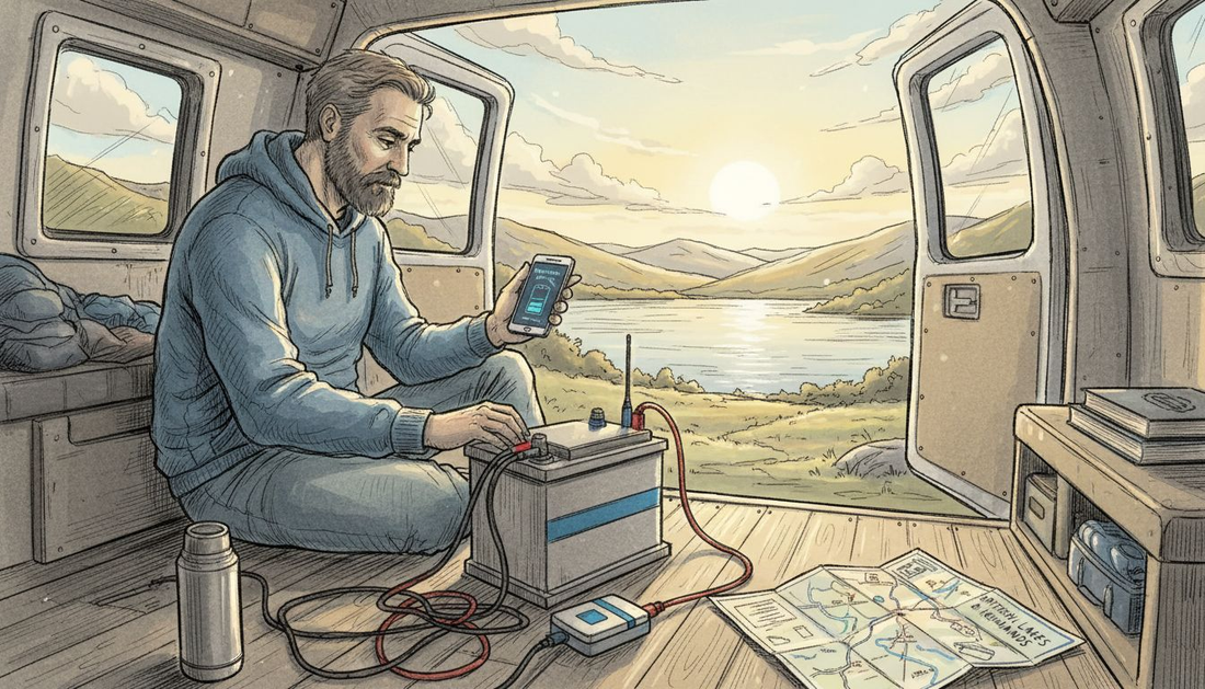 Man using Bluetooth battery monitor in van