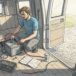 Campervan owner installing lithium battery module