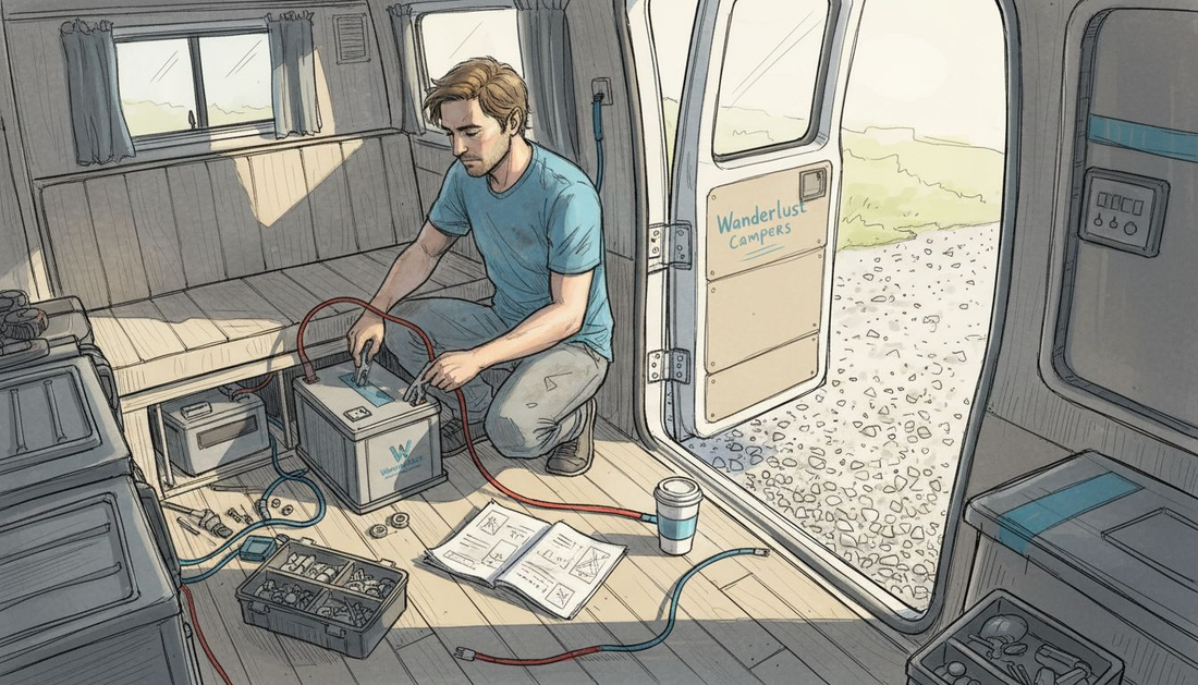 Campervan owner installing lithium battery module