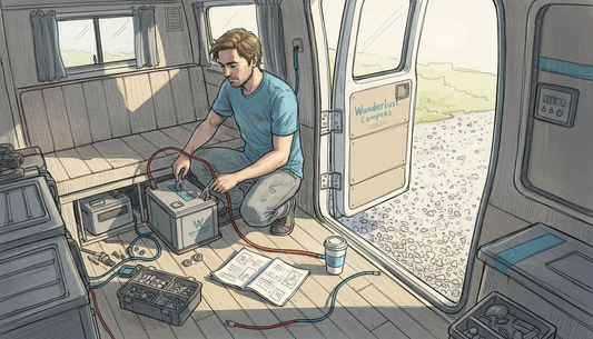 Campervan owner installing lithium battery module