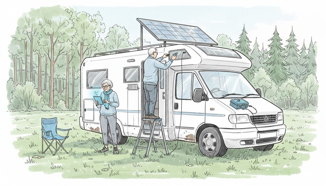 Couple setting up solar motorhome outdoors