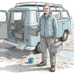 Man prepares lithium battery by UK campervan