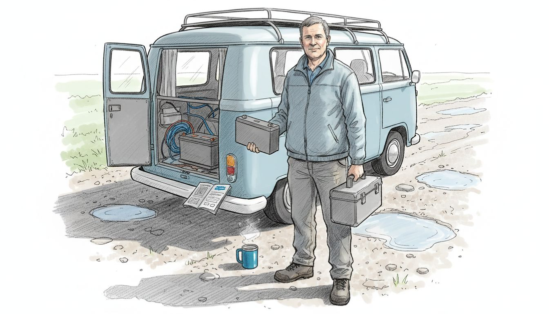 Man prepares lithium battery by UK campervan