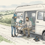 Couple using lithium battery in campervan