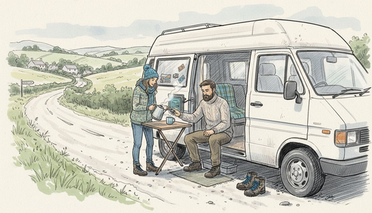 Couple using lithium battery in campervan