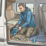 Person installing lithium battery in campervan