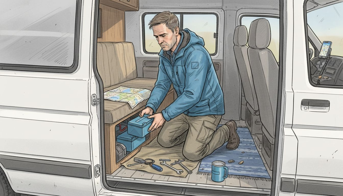 Person installing lithium battery in campervan