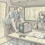 Couple using lithium battery in campervan