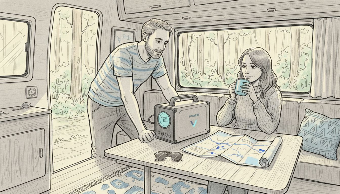 Couple using lithium battery in campervan