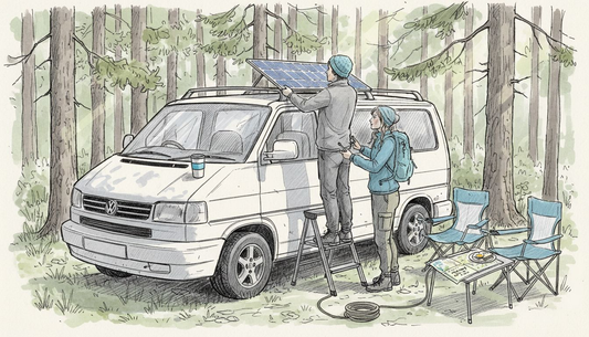 Couple installs solar panel on campervan roof