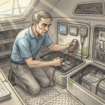 Sailor inspecting marine battery system in yacht