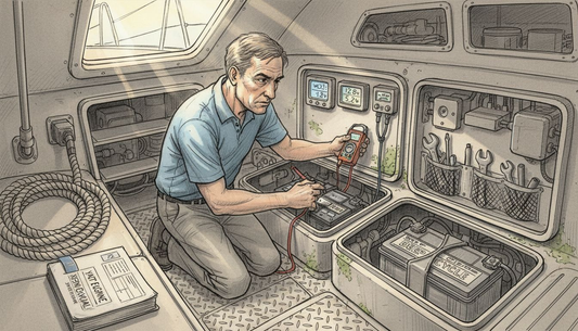 Sailor inspecting marine battery system in yacht