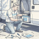 Installer placing lithium battery in campervan