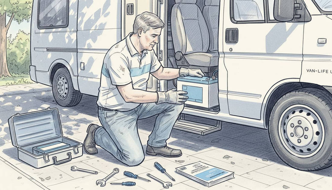 Installer placing lithium battery in campervan