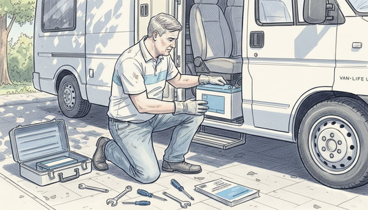 Installer placing lithium battery in campervan
