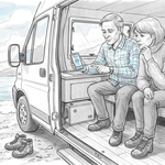 Couple checks lithium battery inside campervan