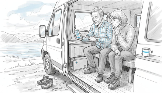 Couple checks lithium battery inside campervan