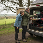 Couple checking campervan battery beside UK countryside