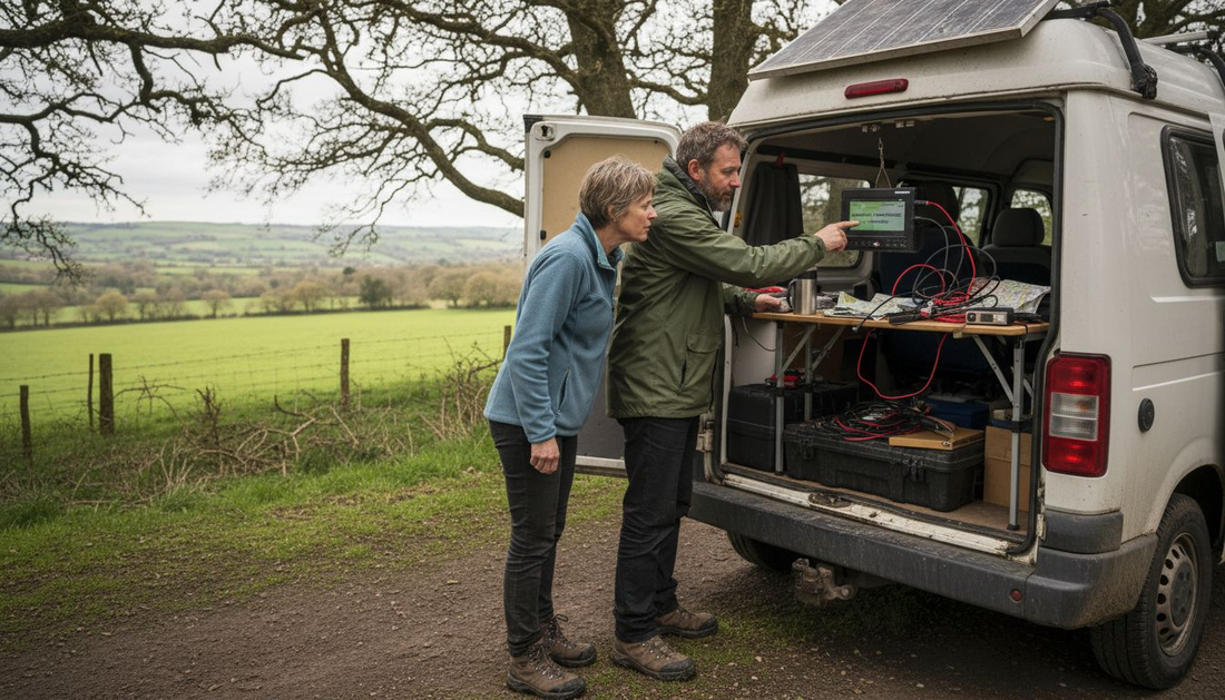 Couple checking campervan battery beside UK countryside