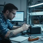 Engineer testing lithium battery pack in lab