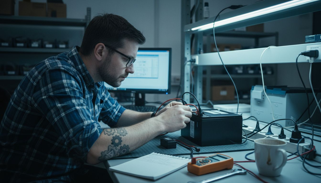 Engineer testing lithium battery pack in lab