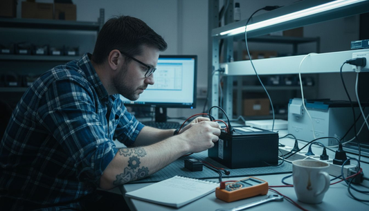 Engineer testing lithium battery pack in lab