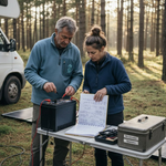 Couple checks solar battery by campervan