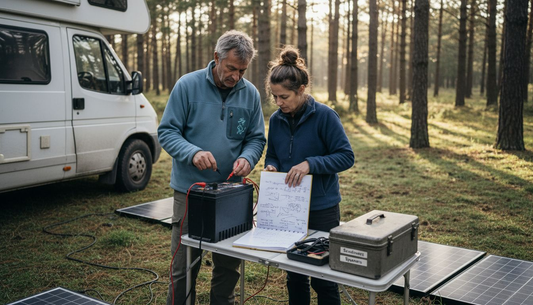Couple checks solar battery by campervan