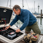 Technician with lithium battery on UK boat