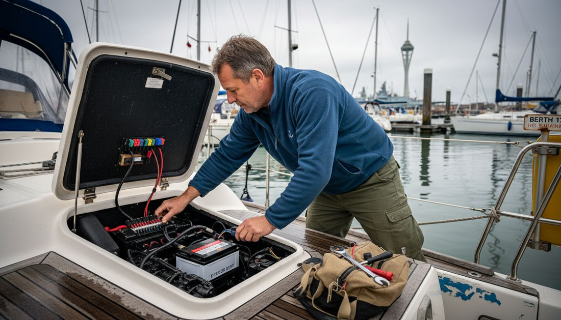 Technician with lithium battery on UK boat
