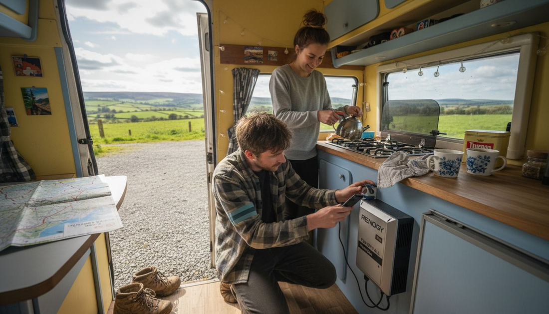 Couple using lithium battery in campervan
