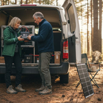 Couple installing lithium batteries in camper van