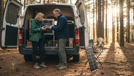 Couple installing lithium batteries in camper van