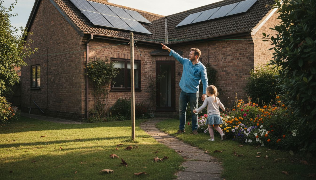 UK family in garden near home solar panels