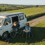 Campervan with solar panels in UK countryside