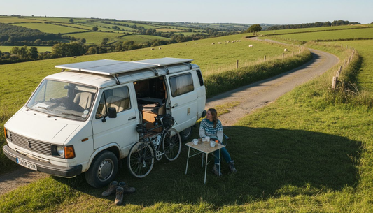 Campervan with solar panels in UK countryside