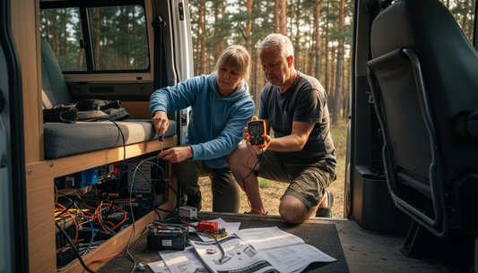 Couple installing campervan energy storage system