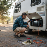 Man inspecting lithium batteries in campervan