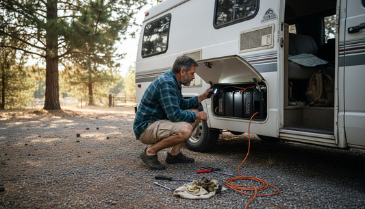 Man inspecting lithium batteries in campervan