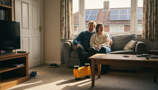 Family viewing solar panels from living room