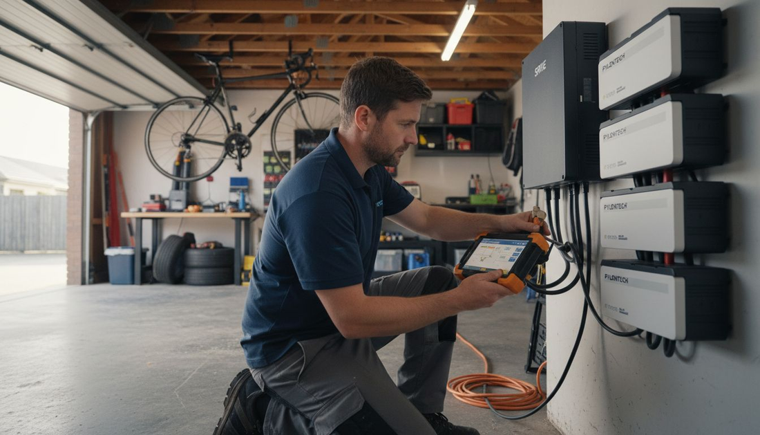 Technician installing SRNE inverter and lithium battery